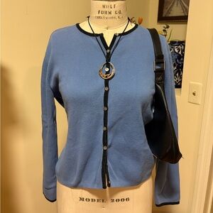 Vintage I.B. Diffusion Blue cardigan with black trim and buttons